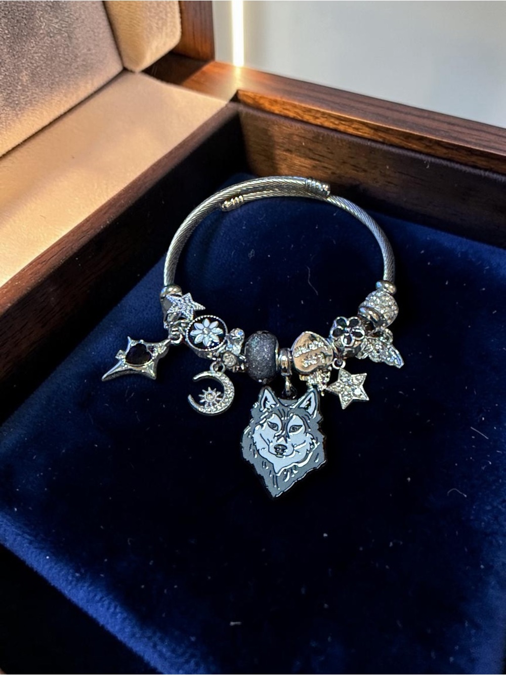 Silver Wolf Charm Adjustable Twisted Bangle with Star & Moon Charms